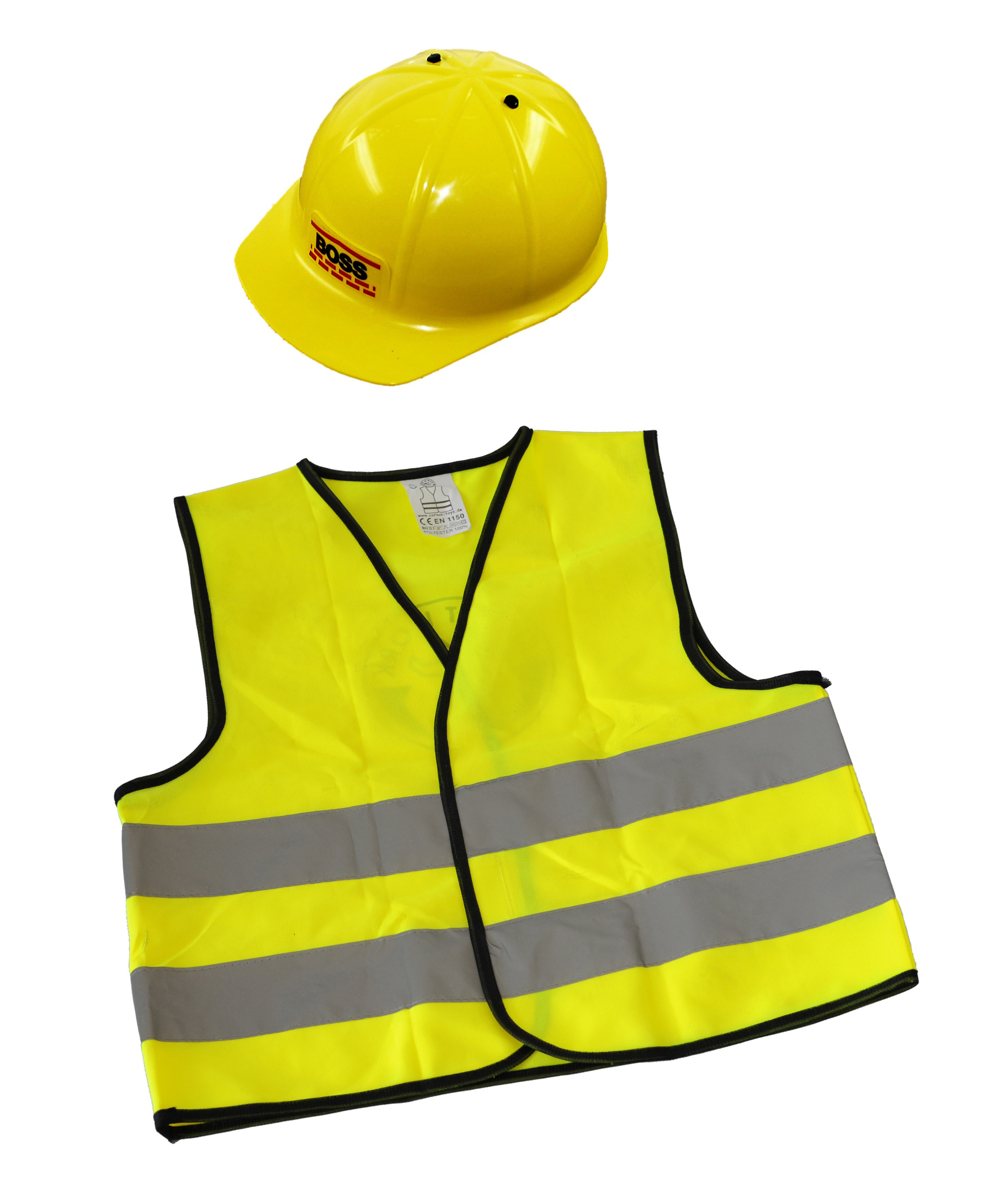 Alte Bauarbeiter tragen gelbe Helm Anordnen von fluoreszierenden Weste  isoliert auf weißem Stockfotografie - Alamy